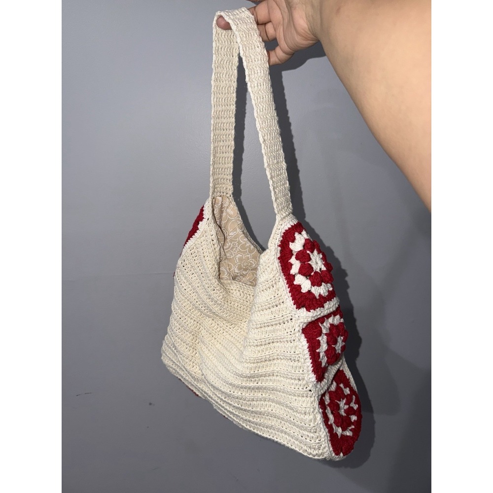 Crochet Granny Square Shoulder Tote Bag Red Beige Handmade Afghan Boho L‎